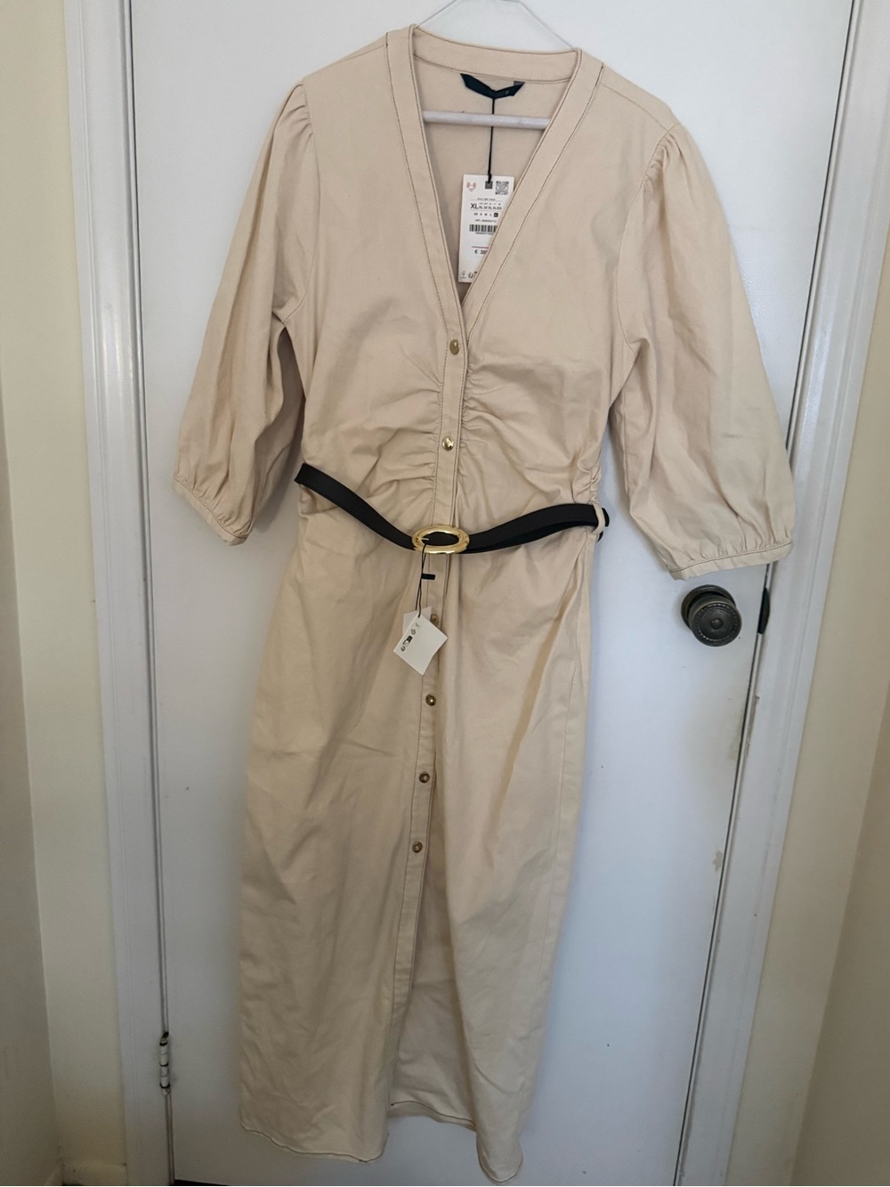ZARA Cream Button-Front Midi Dress with Belt